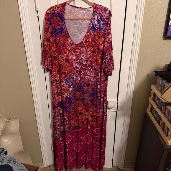 Soft Surroundings Maxi Dress Short Sleeve Pink Red Boho Print V-Neck 3X - Picture 2 of 8
